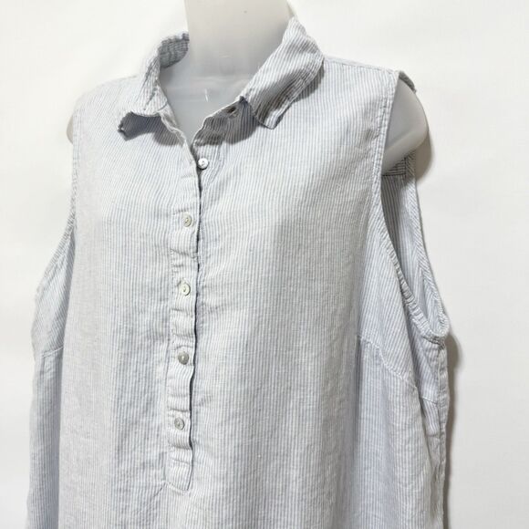 TAHARI Dress 2X 100% Linen Pinstripes Sleeveless Shift Mini Popover White Blue - Picture 6 of 11